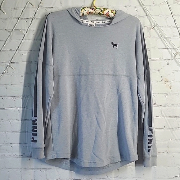2014 Victoria's Secret PINK Logo Long Sleeve Gray Oversized Hooded Tee Womens XS - Picture 5 of 16